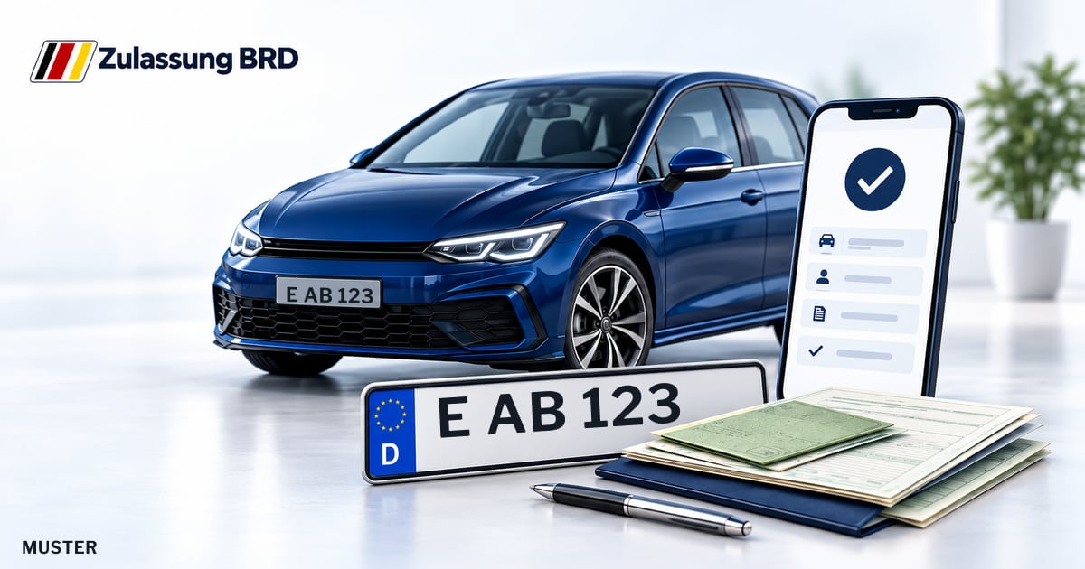 Online Fahrzeugzulassung in Essen: Musterkennzeichen E AB 123, Auto und Fahrzeugpapiere und Smartphone. Illustration mit Logo von Zulassung BRD.
